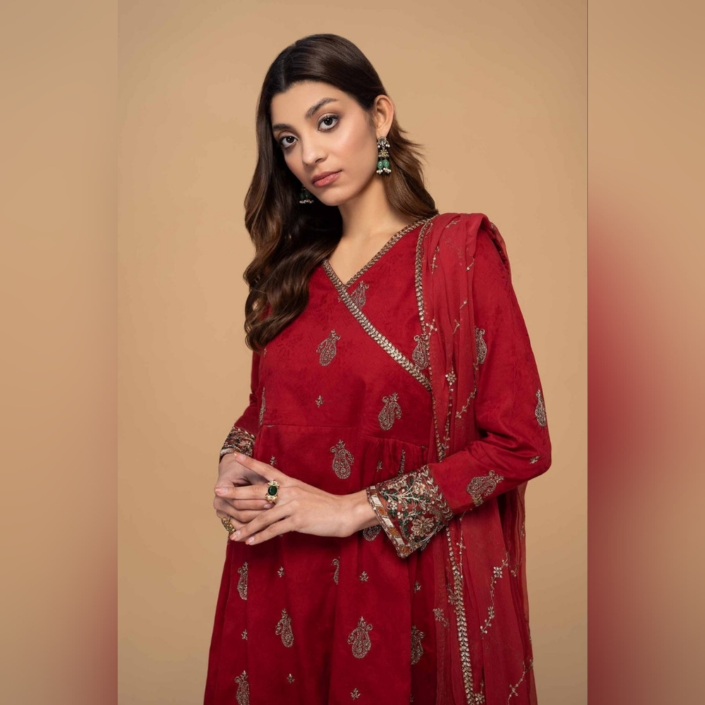 Maria B - Red Embroidered Anarkali 3 Piece Dress - Festive Wear - Pak & Indian - Picture 3 of 6